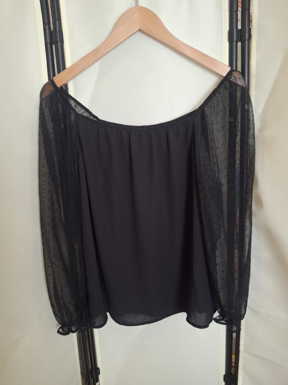 Banana Republic Black Off-Shoulder Blouse with Dotted Sheer Sleeves